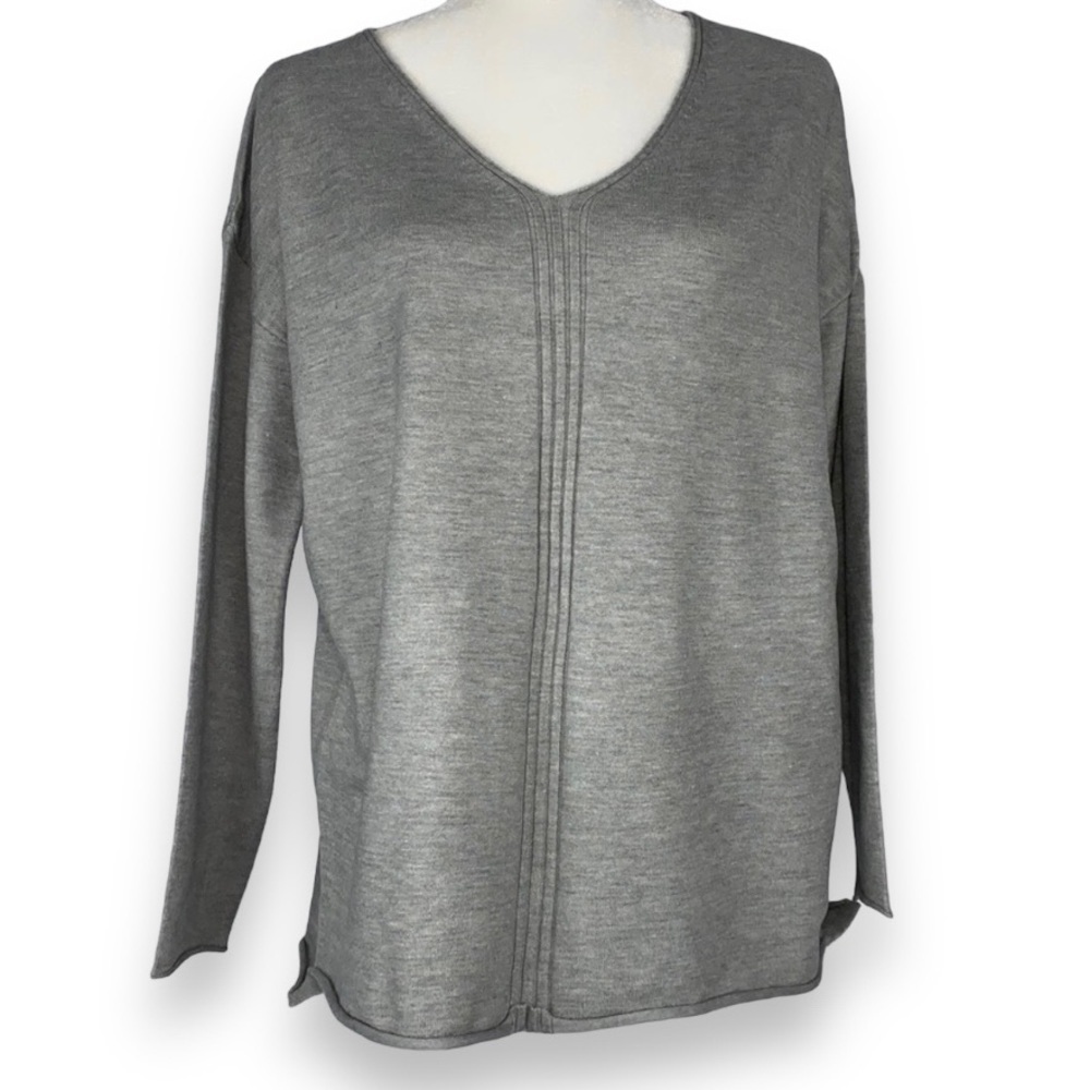 Joan Vass Long Sleeve V-Neck Pullover - Plus Size Heather Gray​​​​​​​​​​​​​​​​​